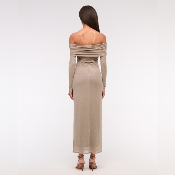 NWT Abercrombie & Fitch Taupe Off-The-Shoulder Rhinestone Mesh Maxi Dress XSP - Picture 15 of 16